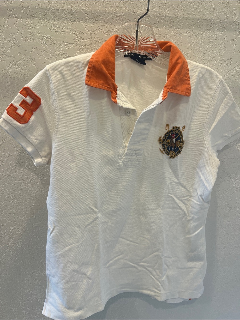 White Polo Ralph Lauren with Orange Collar and Sleeve Patch